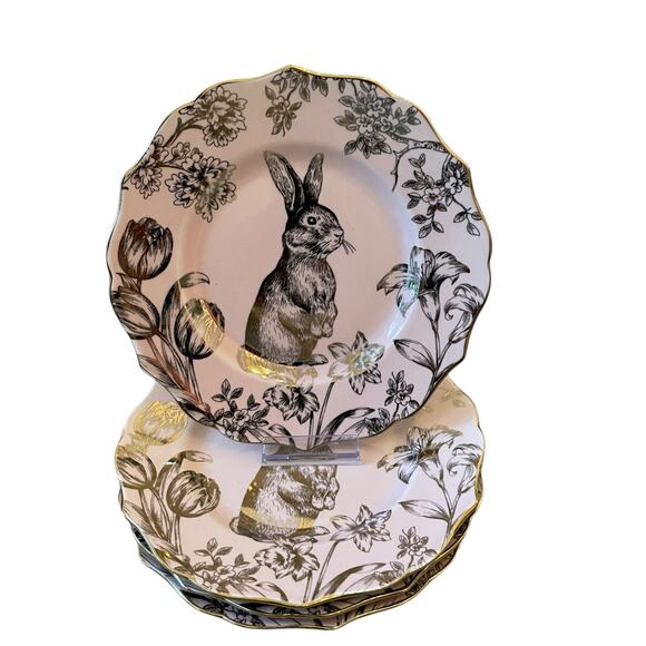 222 Fifth Pink & Gold Bunny Hill Porcelain Salad Plates 8.5” Easter Set of 4 NEW - Picture 1 of 16